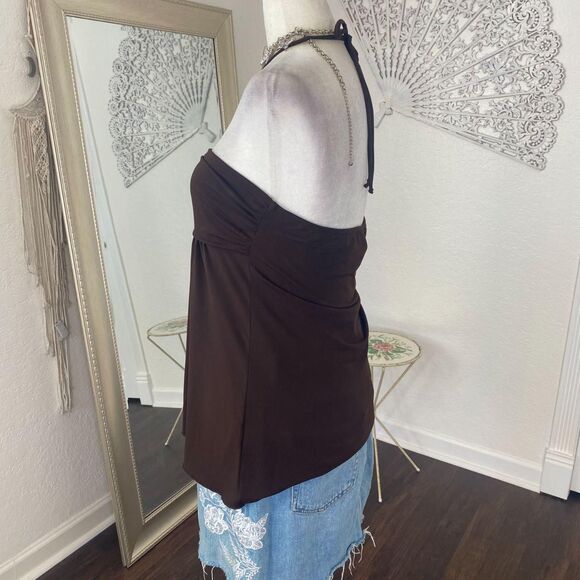 BCX Made in USA Early 2000's Dark Brown Cinched Babydoll Rhinestone Halter Top L - Picture 5 of 8
